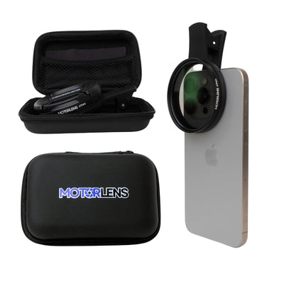 MotorLens phone camera lens attachment set including a black protective zippered case shown open, closed, and attached to a smartphone lens, on a white background.